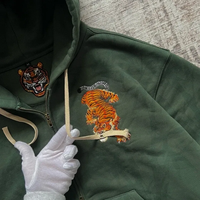 Dark Brown Full Zip Hoodie Double Men Wolf Embroidery Drawstring Pocket Oversized Y2K Grunge Vintage Street Zip Up Sweat Jackets — image 10