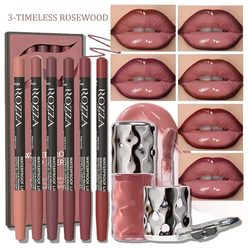 8pcs/set Set Kecantikan Bibir Harian – 6 Pelapik Bibir Boleh Blendable 1 Lip Gloss Pelembap&1 Pengasah Pensel – Kit Bibir Tahan Lama Lembut