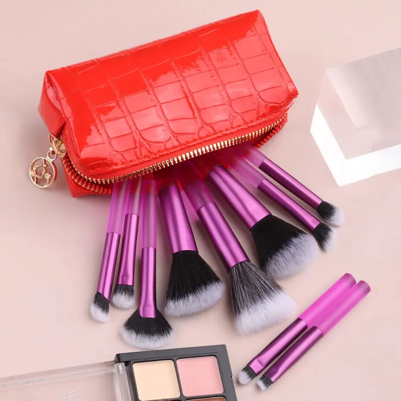 10Pcs Full Face Makeup Brush Kit Crocodile Grain Zipper Bag Powder Contour Shadow Brow Eyelash Cosmetic Brushes — image 13