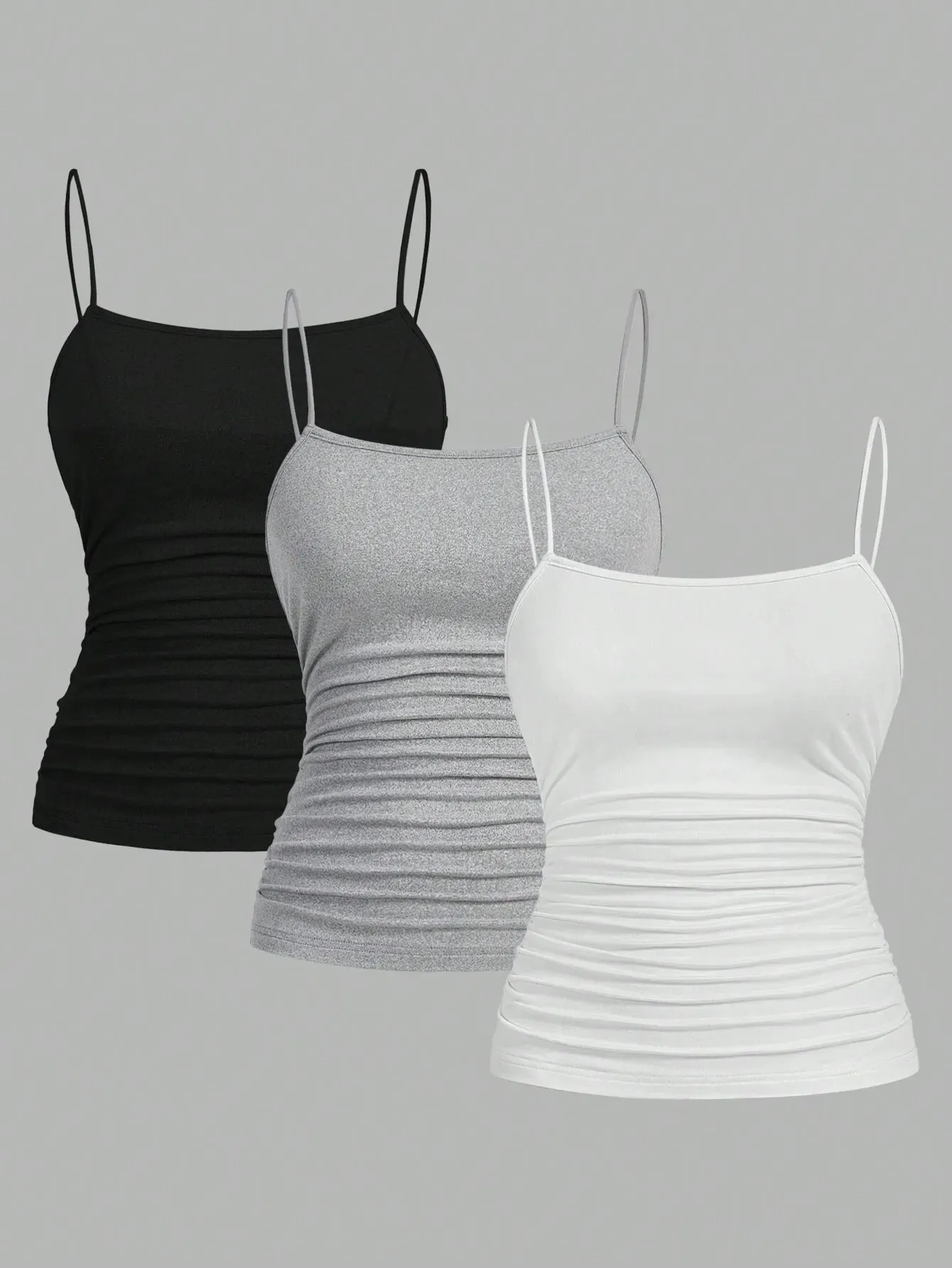 Femmes élégant mince sangle froncé Cami haut coupe ajustée sans manches Camisole doux extensible basique débardeur été sous-vêtements tendances Blac — image 9