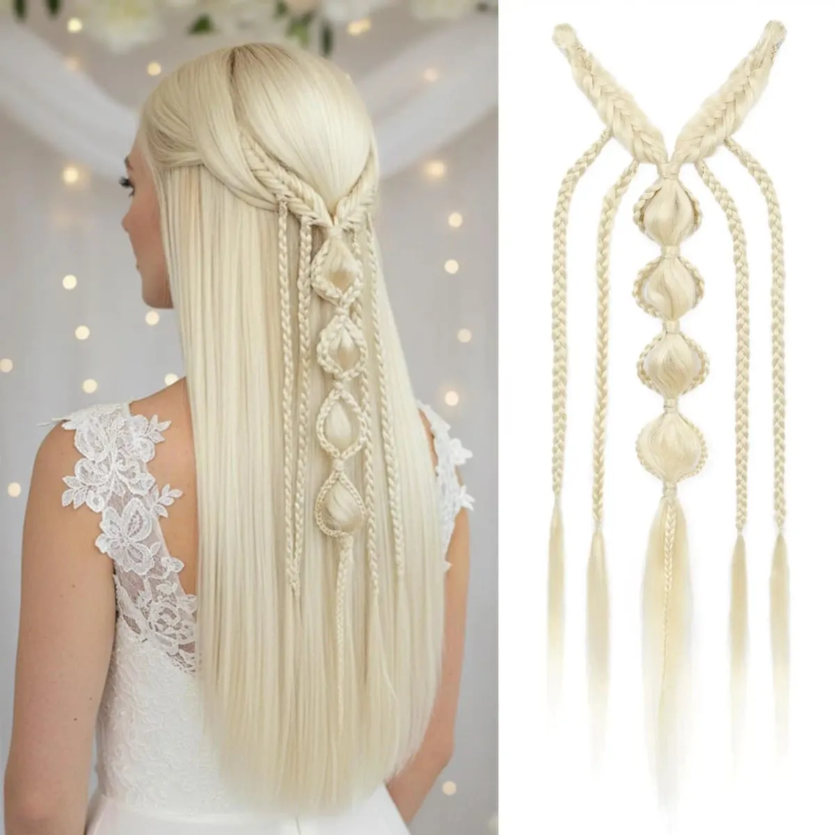 Synthetische Clip-in-Zopf-Haarverlängerungen – Boho-Festival-Prinzessin-Zopf-Haarverlängerung, Feen-Cosplay-Hochzeits-Haarteil für Frauen — image 10