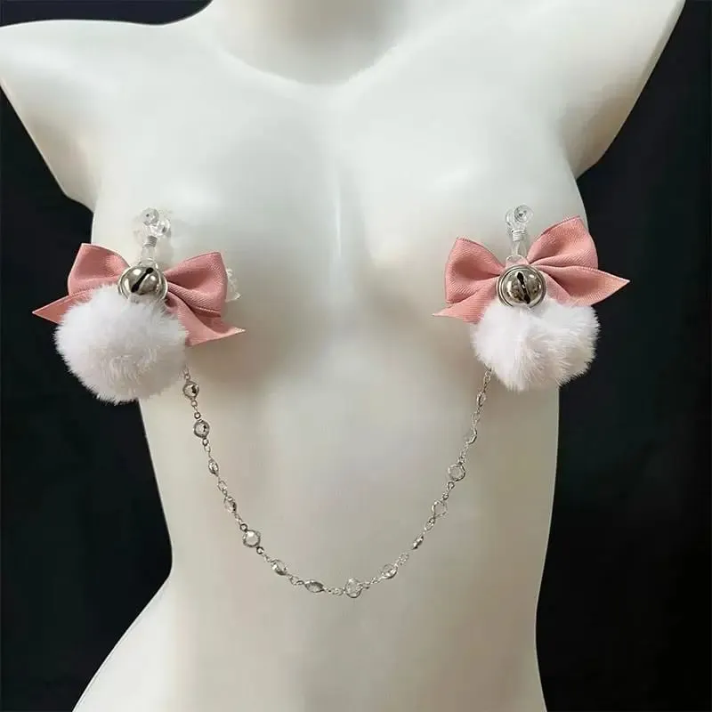 Flauschige Schleife Nippelklammern Glöckchenkragen Körperkette Rosa Brustfesseln BDSM Sexspielzeug für Erwachsene für Frauen — image 4