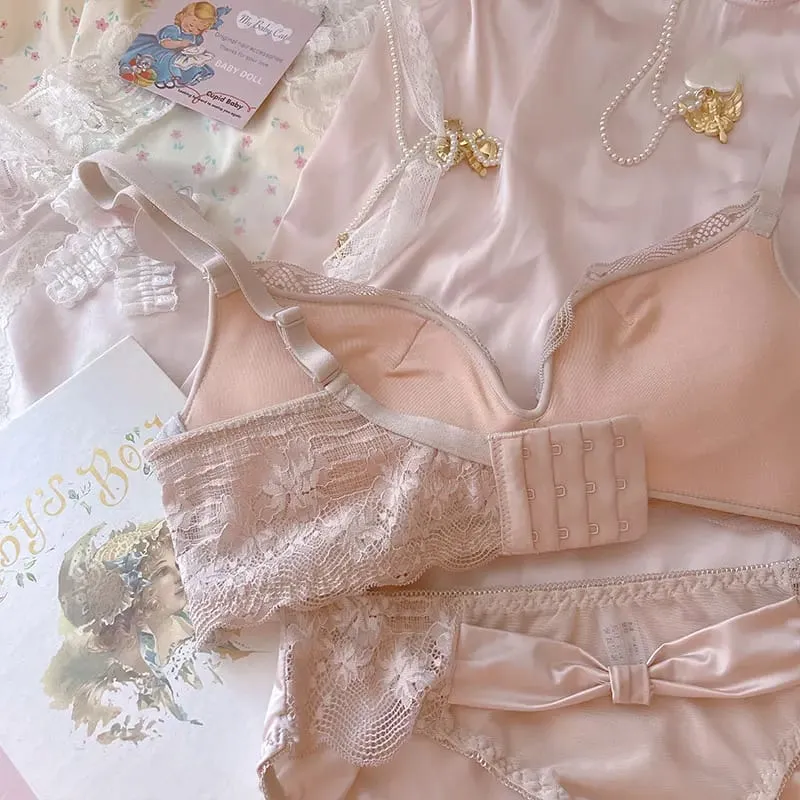 Pink princess thickened small chest big underwear female gathered modal latex lingerie panty suit bow no steel ring bra set — image 5