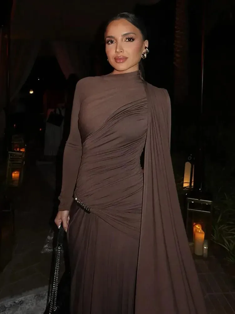 Elegant ผู้หญิงจีบไม่สม่ำเสมอ Patchwork Maxi ชุด Chic แขนยาว Neack ชุด 2025 ฤดูร้อนคอเต่า PARTY PROM Gowns — image 2