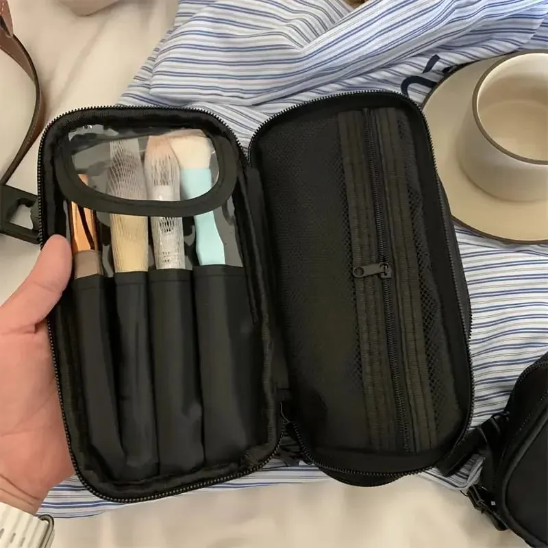 Bolsa de armazenamento de pincéis de maquiagem, grande capacidade, zíper duplo, organizador de ferramentas cosméticas, aberto vertical, suporte de pincel independente — image 5