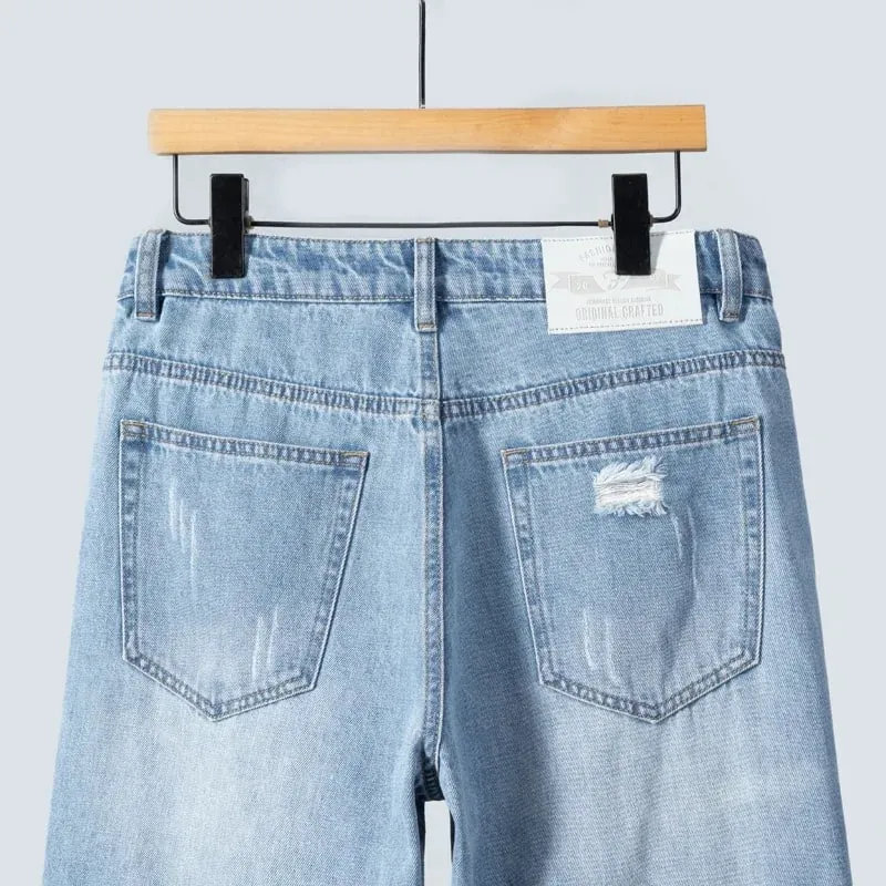 Seluar Jeans Koyak Nipis Musim Panas Lelaki Lurus Bernafas Denim Seluar Kasual Pakaian Jalanan Harlen Seluar Panjang Buku lali Biru Muda — image 5