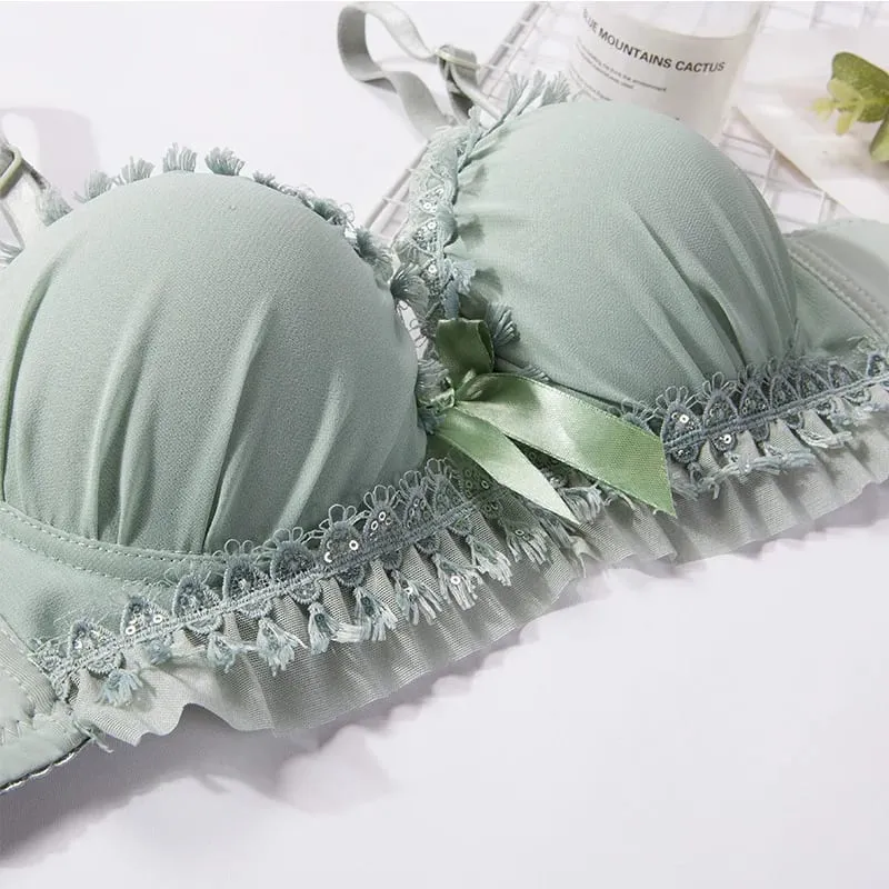 Damen-Dessous-Set, weiches Memory-Draht-Rüschen, Spitze, Schleife, Dekor, intimer Unterwäsche-Anzug, keine Pads, dünne, atmungsaktive, verstellbare Träger — image 2