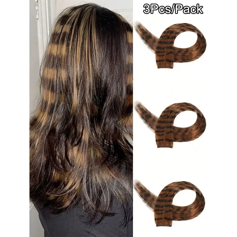 3 pezzi estensioni dei capelli con stampa leopardata striscia sintetica pezzo di capelli stampato clip lunga e dritta colorata nei capelli per le donne ragazze festa — image 8