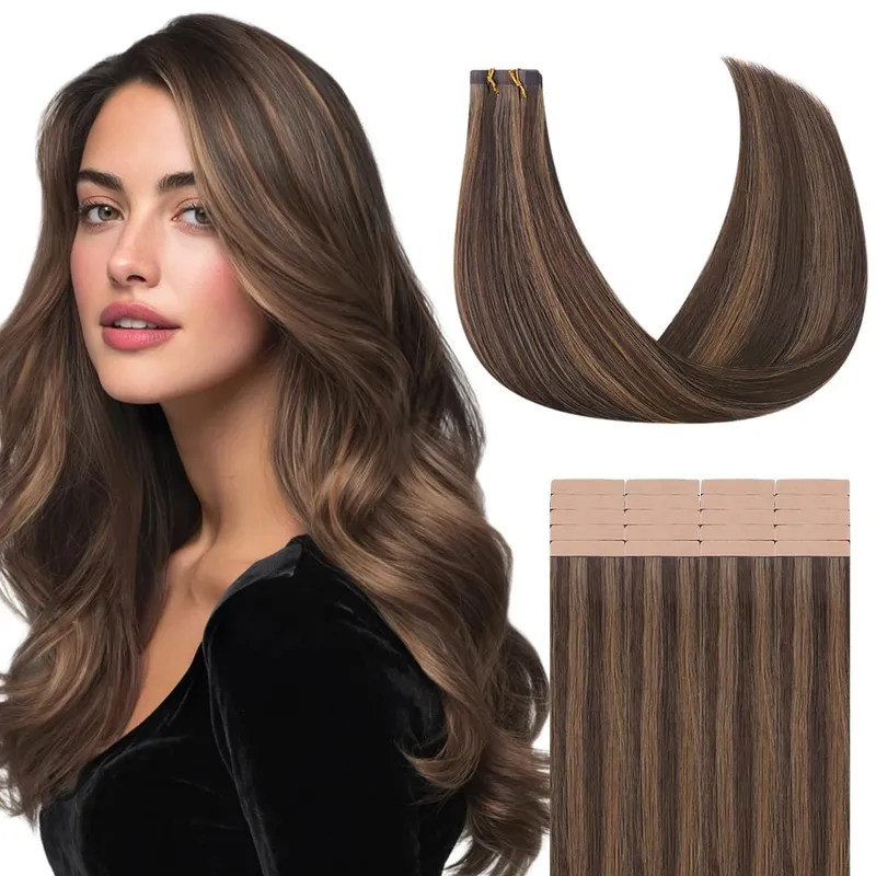 Sunmofavo Tape I Remy Human Hair Extensions Tyk Silkeagtig Lige Naturlig Brun Usynlig Tape 20 Stk Salon Grade Til Kvinder — image 20