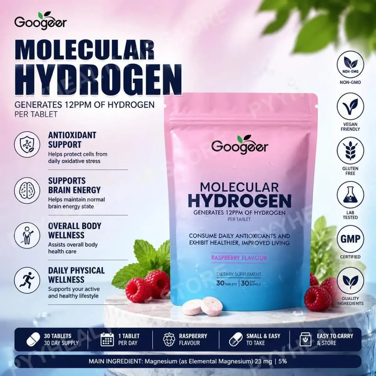 Moleküler Hidrojen Su Tabletleri 12 PPM Magnezyum Ahududu Aromalı Günlük Sağlık ve Antioksidan Desteği 30 Tablet — image 2