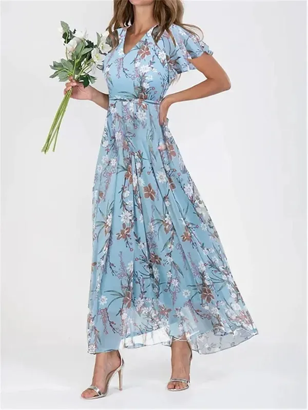 Women Elegant Ruffle Short Sleeve V Neck Pullover Dresses Sweet Style Small Flower Print High Waist Dress Female New Casual Gown