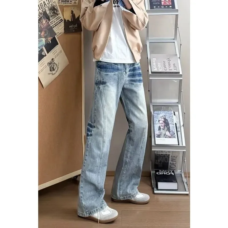 Herren-Denim-Jeans mit Blitzmuster, High Street-Stil, Frühlingsblau, lockere Passform, ausgestellte Hose, Y2K-koreanische Mode, große Größe