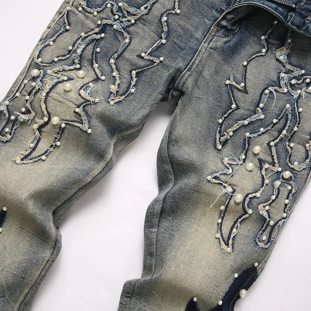 Pantalones vaqueros de mezclilla con corte de bota de perlas para hombre, parches bordados, pantalones acampanados ajustados, ropa de calle informal, pantalones azules Vintage — image 3