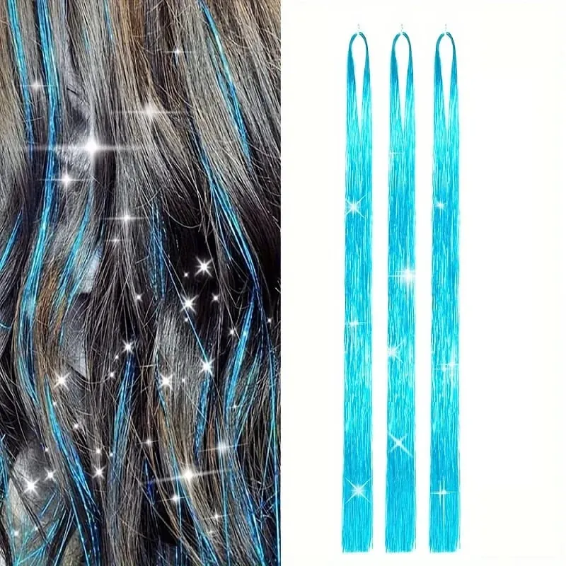 90cm Synthetic 3pcs/set Rainbow Colored Shiny Hair Laser Tinsel Long Straight Heat-Resistant Fairy Hair Extensions Party Daily — image 9