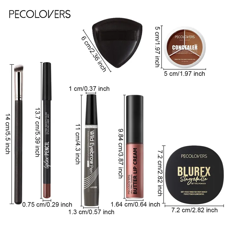 7 STK Ansigtsmakeup Sæt Langtidsholdbar Concealer Contour Powder Lip Cream Vandtæt øjenbrynspen med makeup børste — image 4