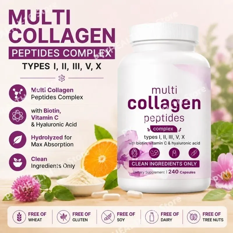 Multi Collagen Peptides Capsules with Biotin Vitamin C and Hyaluronic Acid Contains Eggs and Fish 240 Capsules — image 1