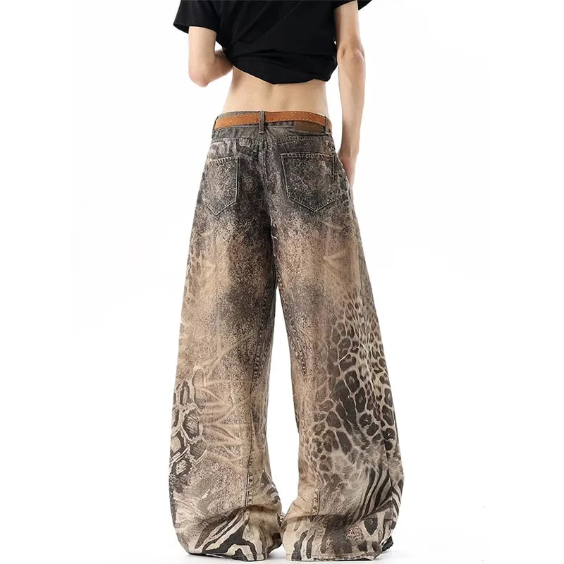 Jeans da uomo larghi stampati leopardati marroni lavati effetto streetwear Pantaloni lunghi in denim a gamba larga casual Estate Novità — image 6