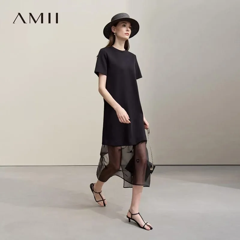 Amii فساتين طويلة 2026 خريف جديد رقبة دائرية كم قصير فستان نسائي مرقعة قابل للإزالة الأورجانزا فستان أنيق للنساء 12651024 — image 2