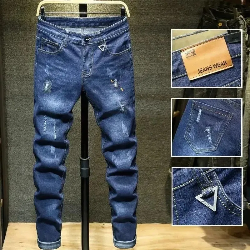 Xu Hướng Xuân Thu Màu Trơn Chân Thẳng Co Giãn Quần Jean Denim Nam Slim Fit Thoải Mái Thể Thao Quần Jean Cao Cấp — image 7