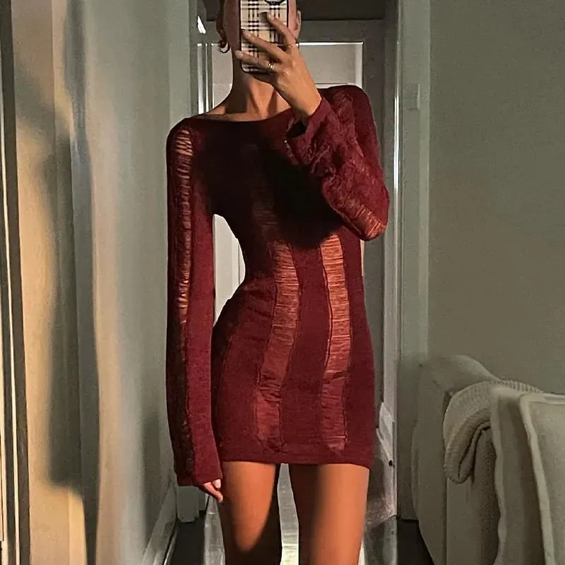 Puloru Sexy Knitted Cutout Short Dress 2022 Spring Summer Backless Long Sleeve Round Neck Wrapped Mini Dresses Streetwear Solid — image 4