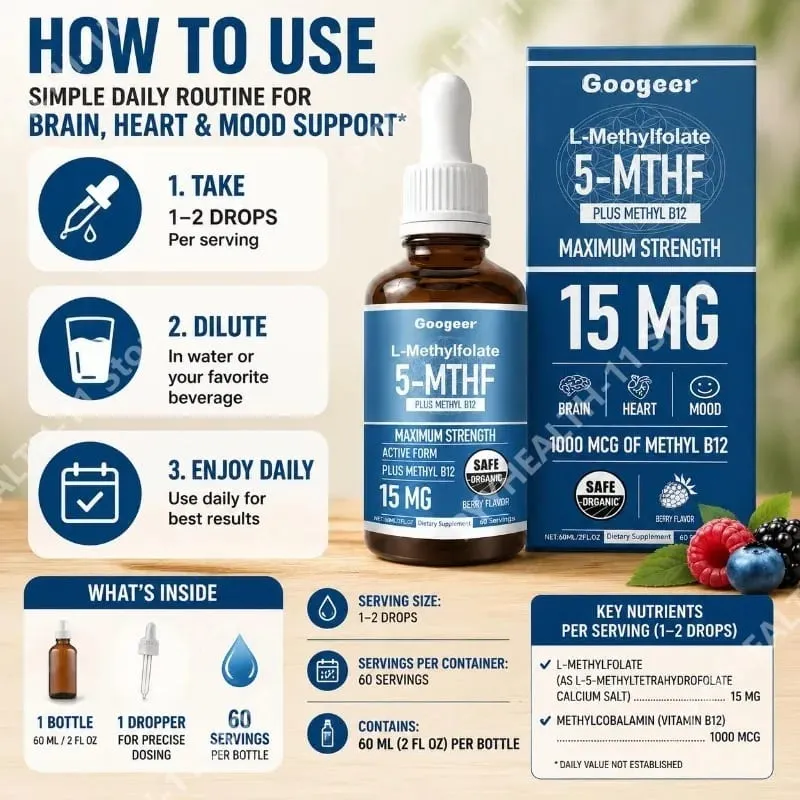 Googeer L-metilfolato 5-MTHF gocce liquide con metil B12 15 mg 1000 mcg Forza massima Cuore Cervello Supporto per l'umore 60 ml — image 5
