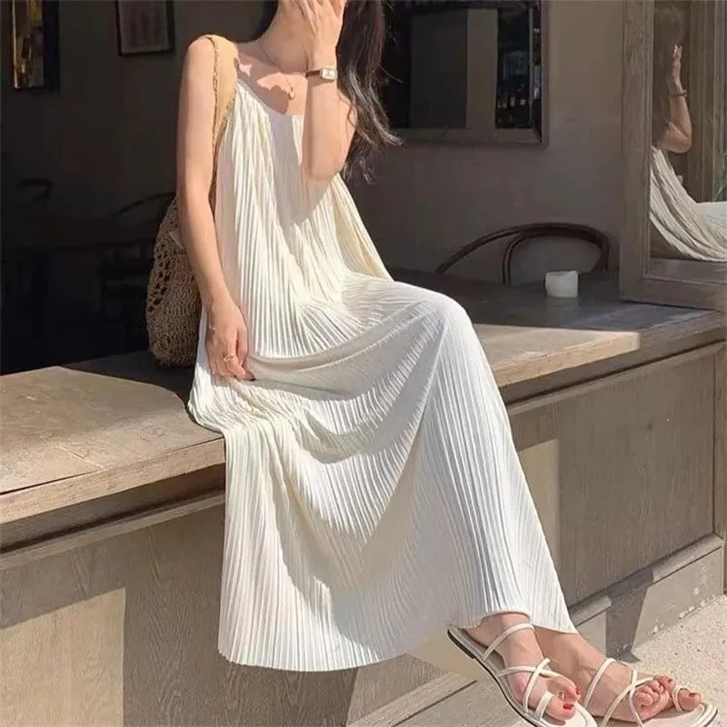 ผู้หญิงสปาเก็ตตี้ชุดสาย 2026 ฤดูร้อนสีทึบหลวม Long Beach Sundress Lasy Elegant ชุดราตรี Midi Dresses