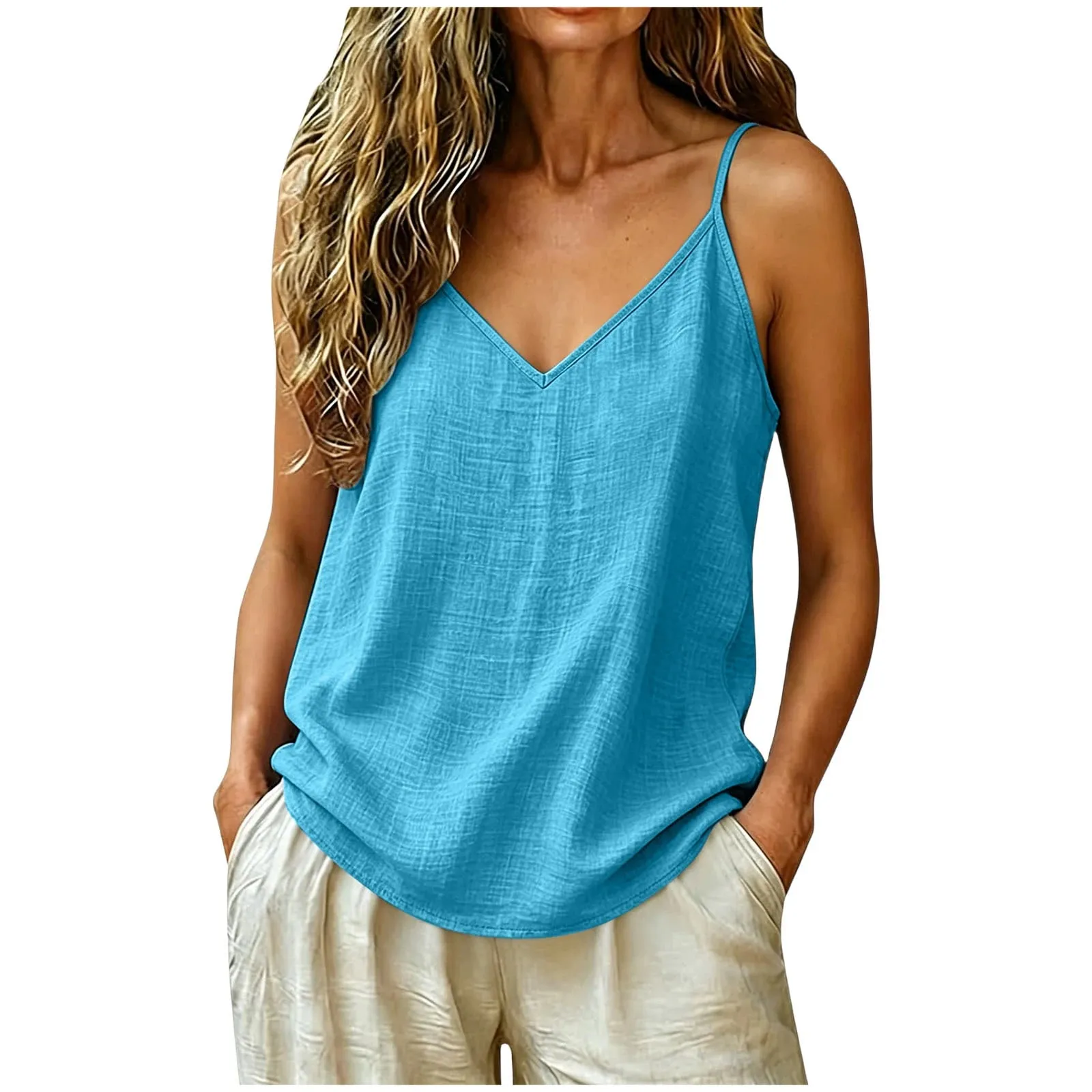 Tank Top Tali Spaghetti Linen Katun Wanita Atasan Pantai Musim Panas Kamisol Tanpa Lengan Kasual Ringan Longgar Warna Polos Leher V — image 10