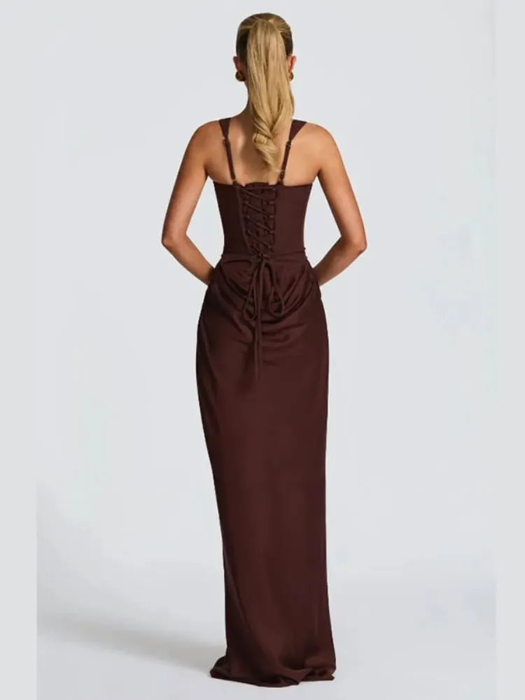 Wanita Elegant Pleated Sling Dresses Solid Square Leher Tanpa Lengan Off-shoulder Pinggang Cinching Dress Fesyen Gaun Pesta Petang — image 4