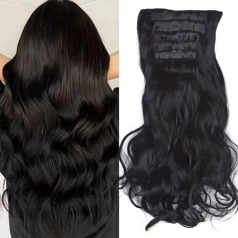 Clip in dlouhé vlnité syntetické vlasy prodlužování 24 palců černé 6ks tlusté příčesky Fiber Double Weft vlasy pro ženy