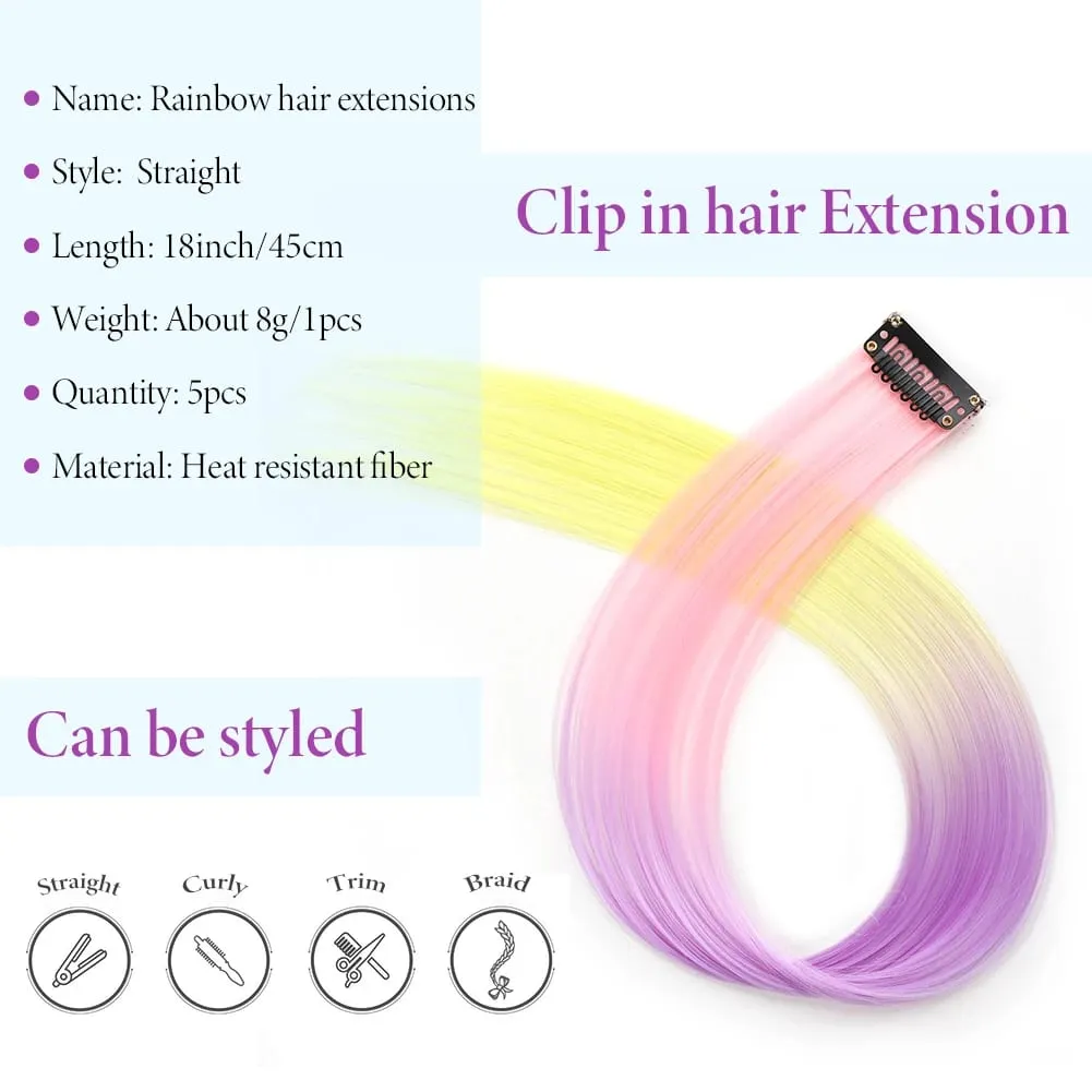 5 stks/set Clip in Hair Extensions Synthetische Haarstukjes Gekleurde Party Hoogtepunten voor Meisjes 18 inch Multi-kleuren Steil Haar — image 3