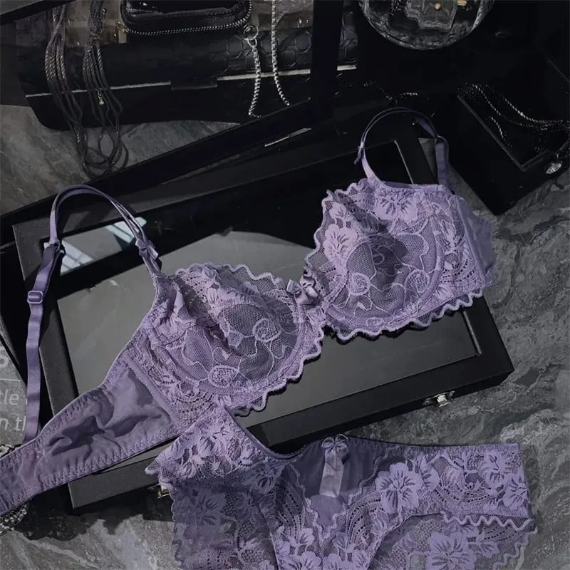 Set Bra Renda Tipis Ultra Nipis Perancis Perspektif Underwire Kecantikan Belakang Peminimum Payudara Besar Set Bra Anti Sag 32-38 Sisi Membentuk Sisi — image 10
