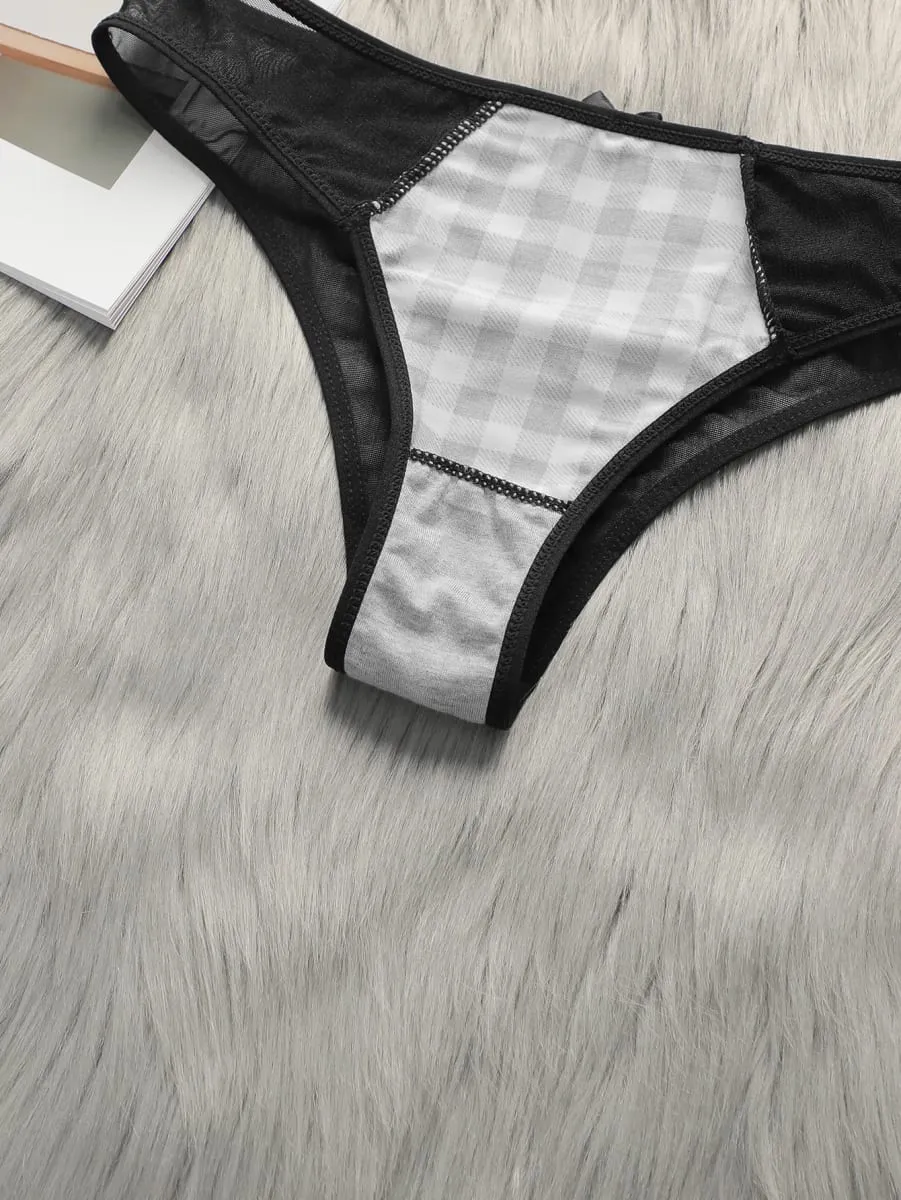 Women's lingerie set with black and white checkered pattern and steel ring gathering push up sexy bra set B1121 — image 6