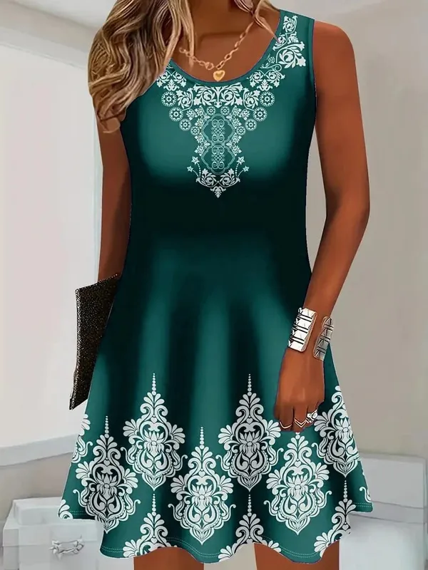 3D Floral Pattern Retro Women Mini Dresses Summer Sleeveless Flower Printed Street Ladies Dress 3XL Plus Size Casual Dress Tees — image 4