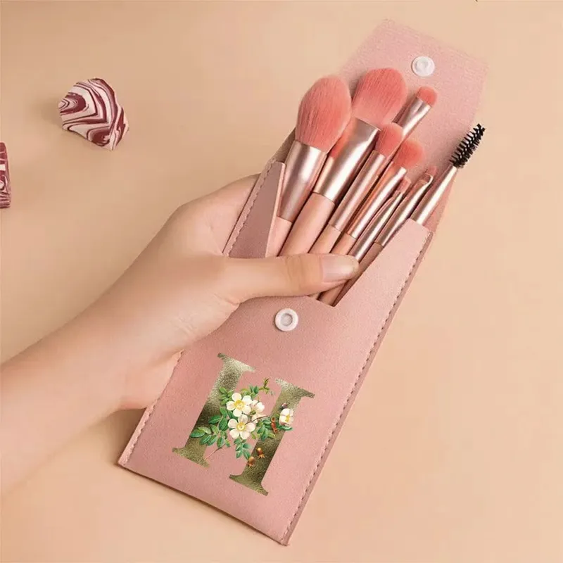 Juego de brochas de maquillaje para principiantes, brochas suaves y esponjosas para rostro y ojos con bolsa de PU, ideal para maquilladores, patrón de flores doradas — image 10