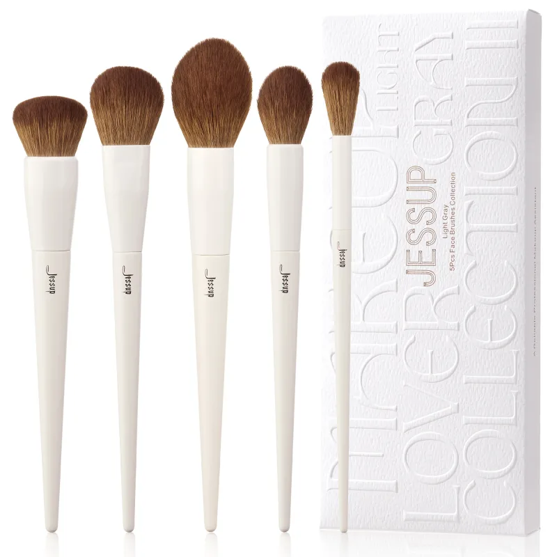 Jessup Face Brushes ชุดแปรงแต่งหน้า 5 ชิ้น Vegan Foundation Blush Bronzer แปรง Contour Fluffy Setting Powder Light สีเทา T493