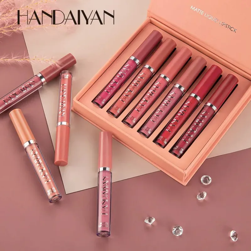 6 teile/satz Lip Gloss Langlebig Wasserdicht Matte Lip Tint Antihaft Tasse Flüssigkeit Lippenstift Geschenk Box Kosmetik Make-Up — image 7