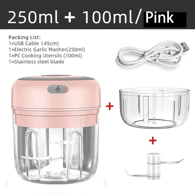 Penghancur Bawang Putih Elektrik Mini Tanpa Wayar 100ml/250ml Chopper Mudah Alih Pengecas USB Halia Cili Penghancur Sayuran Mesin Dapur — image 12