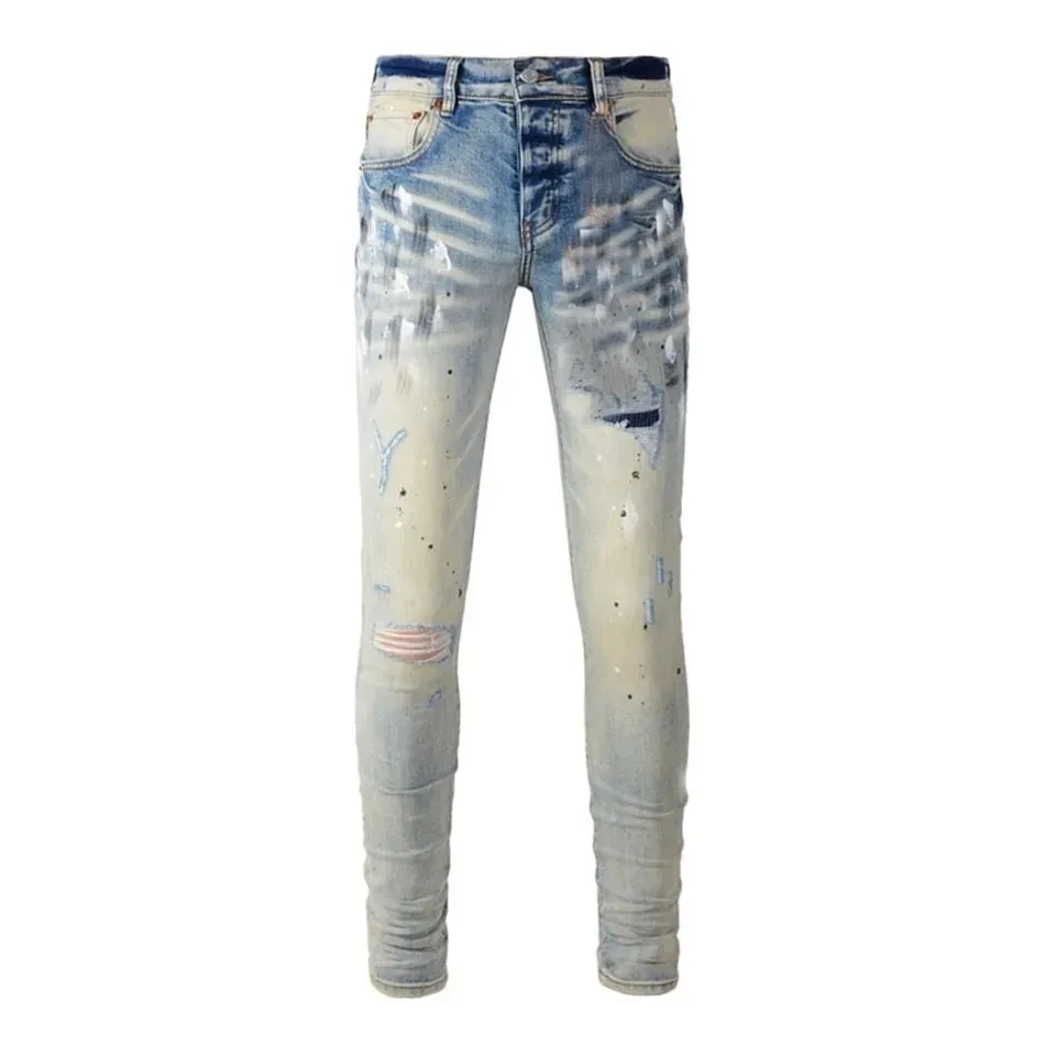 Pantaloni da uomo High Street Jeans American Distressed Nero scuro rivestito bianco elasticizzato con bottoni skinny e pantaloni strappati
