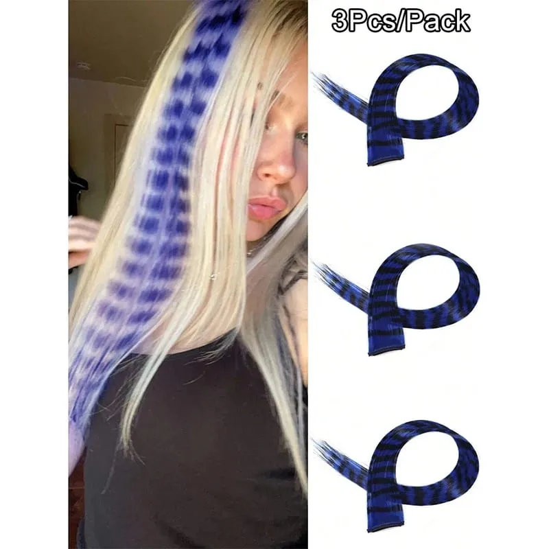 3 pezzi estensioni dei capelli con stampa leopardata striscia sintetica pezzo di capelli stampato clip lunga e dritta colorata nei capelli per le donne ragazze festa — image 15