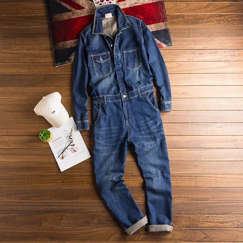 Denim Jumpsuits Loose Pockets Long Sleeve Overalls Lapel Collar Pockets Cargo Jeans for Men — image 2