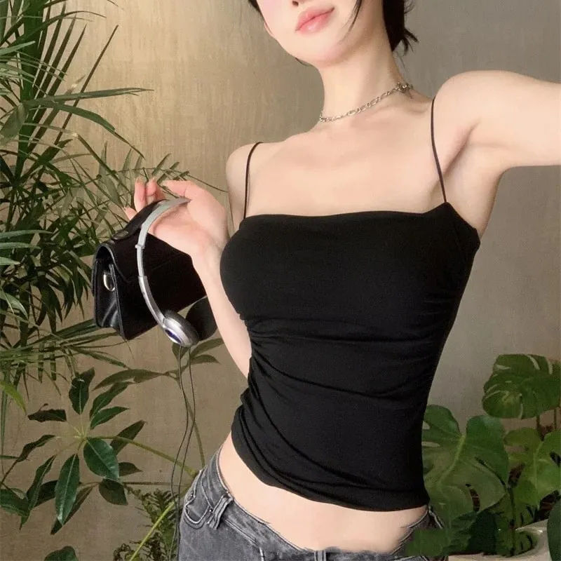 Korean Style Women Tank Tops Spaghetti Strap Camisole Solid Color Push Up Padded Tank Top Cups Sports Vest Tops Summer Camis