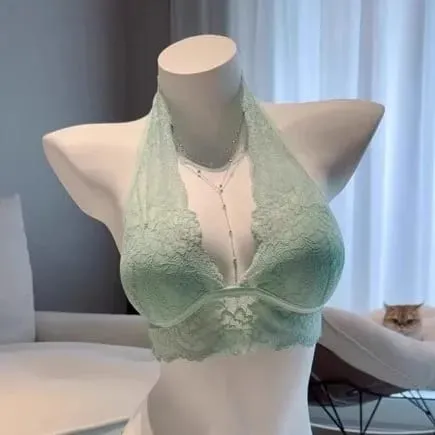 Mintgrünes Neckholder-BH-Set, kabellose Spitze, verstellbare Polster, herzförmiger Rücken für Damen, Unterwäsche und Oberbekleidung