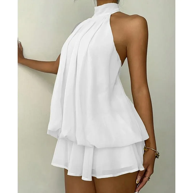 Abito allacciato in tinta unita stile francese Abito da donna senza maniche con spalle scoperte Mini abito a linea Spicy Girl Beach Vacation — image 11