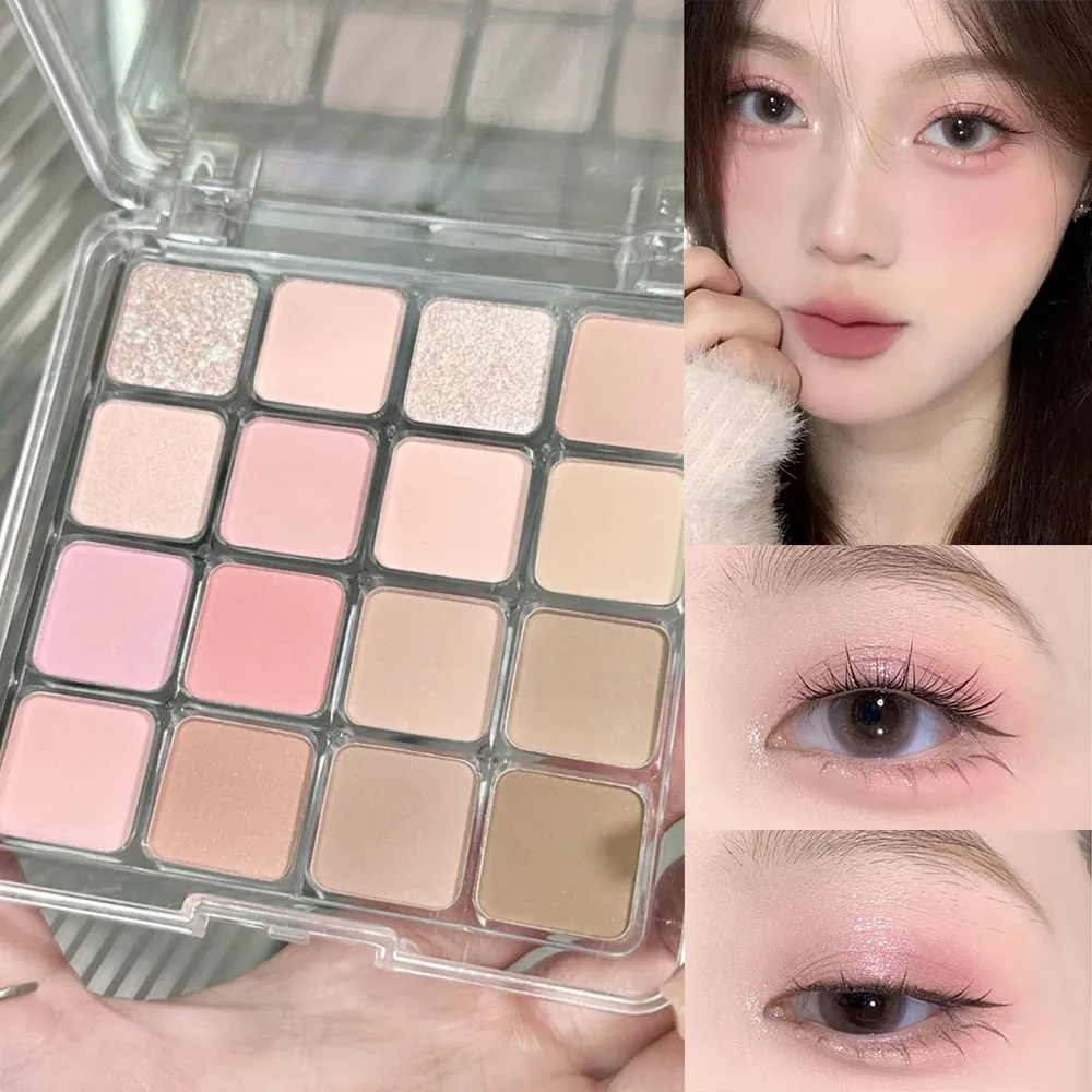 16-Farben-Lidschatten-Palette, matt, niedrige Sättigung, wasserfest, glitzernd, blauer Lidschatten, langlebiges rosa Augen-Make-up, koreanische Kosmetik