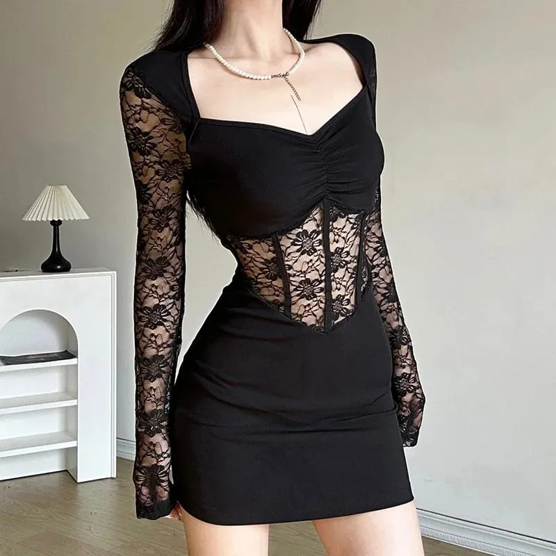Nibber Hitam Misteri Jahitan Renda Seksi Tulang Ikan Matang Cantik Manis Lembut Wanita Musim Sejuk Lengan Panjang Pinggul Pakaian Pendek — image 2
