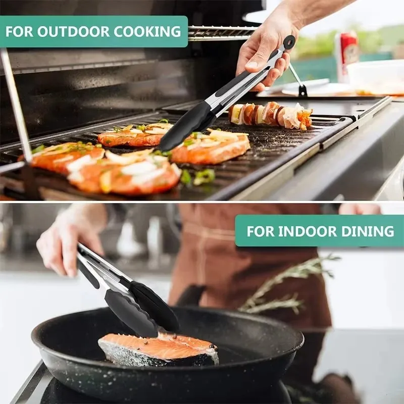 Penjepit Silikon Dapur Baja Tahan Karat BBQ Peralatan Dapur Anti Lengket Penjepit Memasak Barbekyu dengan Aksesori Dapur Kunci Bersama — image 4