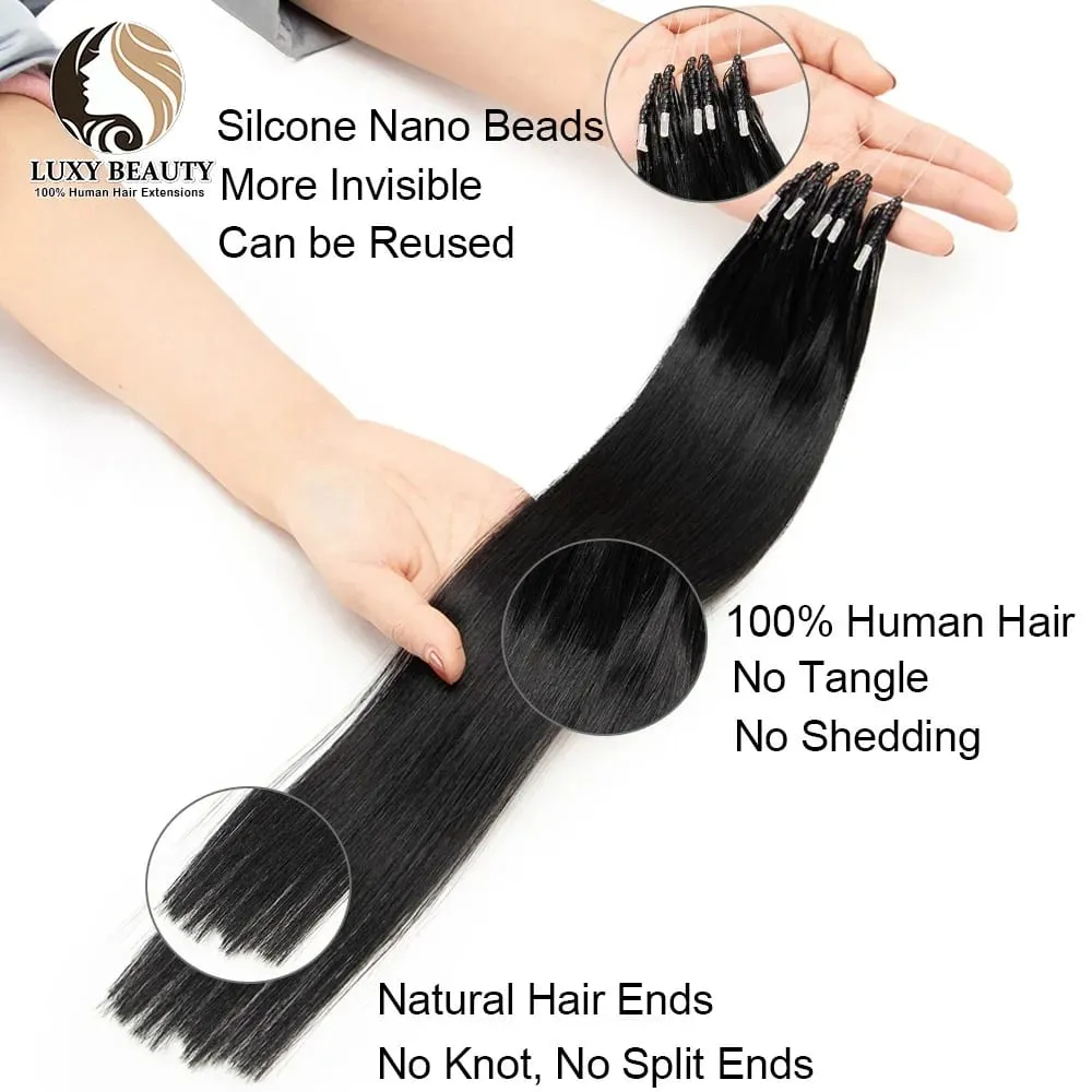8D مايكرو الخرزة شعر مستعار بشري سيليكون حلقة نانو الشعر التمديد غير مرئية صغيرة سيليكون الخرز أسود براون شعر بشري أشقر — image 3