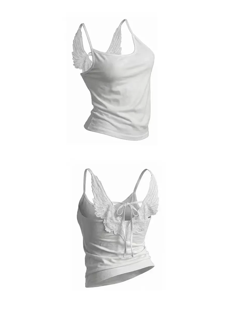 สีขาวมุมปีกปัก Camis Y2K เซ็กซี่ Backless Bow-Tie STRAPS Slim เสื้อกั๊กผู้หญิงฤดูร้อน Tank Top