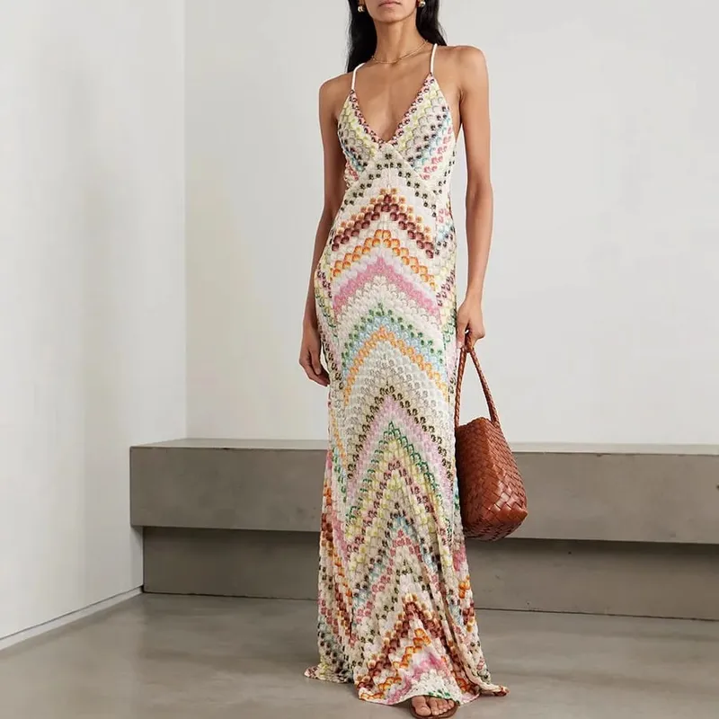 ฤดูใบไม้ผลิฤดูร้อนหญิง Boho Maxi ชุดเดรส Retro ผู้หญิงวันหยุดกระโปรงยาวเซ็กซี่ลึก V คอชุดลำลองปาร์ตี้ streetwear