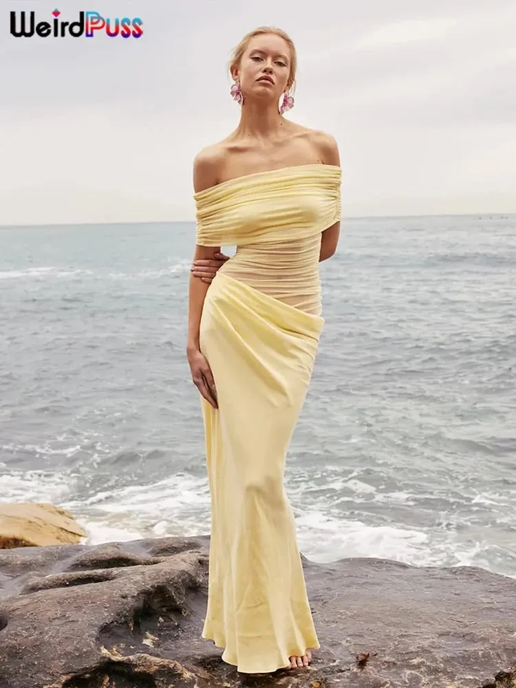 Weird Puss-vestido Irregular fruncido para mujer, vestido ceñido largo elegante de malla con retales y cuello oblicuo, manga corta, ajustado, elástico, tendencia elegante — image 1